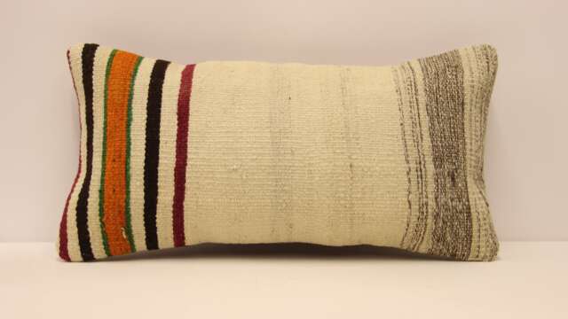 Vintage Turkish Kilim Pillow Cover - Wool Lumbar Cushion - 10x20 In - image 1