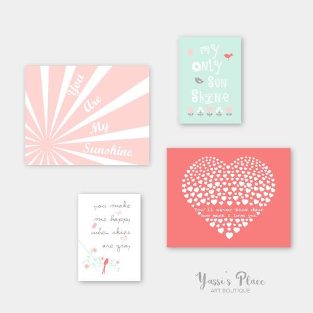 Baby Girl Nursery Decor, You Are My Sunshine Wall Art, Coral Pink Mint Green & Gray Flowers, Bird, Heart Set Of 4 Prints Or Canvas 084 - image 1