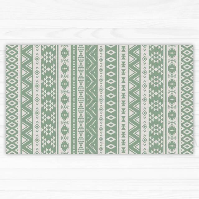 Kitchen Rug, Printed On Vinyl Floor Mat With Green Kilim Design. Ethnic For Your Kitchen, Bathroom, Living Room & Patio - image 1