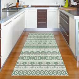 Kitchen Rug, Printed On Vinyl Floor Mat With Green Kilim Design. Ethnic For Your Kitchen, Bathroom, Living Room & Patio - thumbnail 2