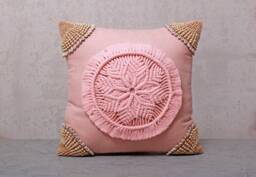 Peach Pink Macrame Pillow Cover, Handmade Boho Cotton Cushion With Wooden Beads, Coral Throw