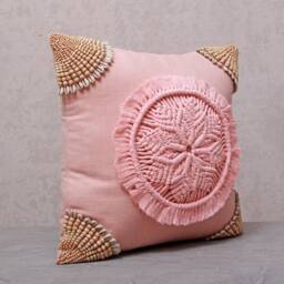 Peach Pink Macrame Pillow Cover, Handmade Boho Cotton Cushion With Wooden Beads, Coral Throw - thumbnail 4