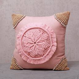 Peach Pink Cotton Macrame Bohemian, Bali Style Pillow Cover, Decorative Handmade Throw Cover, Embroidered Cover Wlcc046 - thumbnail 3