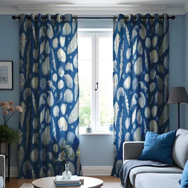 Coastal Shell Pattern Curtain, Nautical Blue & White Sea Drape, Beach Inspired Window Treatment, Custom Size Available, Made To Order - image 1