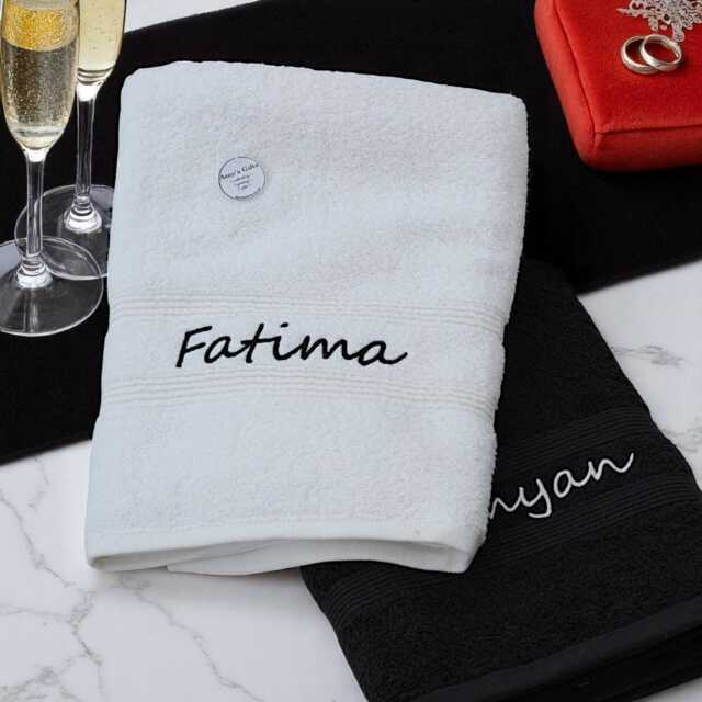 Personalised Black & White Bath Towels His Hers Cotton Wedding Anniversary Couples Embroidered Gift Set - image 1