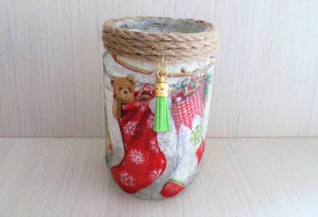 Christmas Night Light Handmade Decoupage Jar, Child's Room Decor - image 1