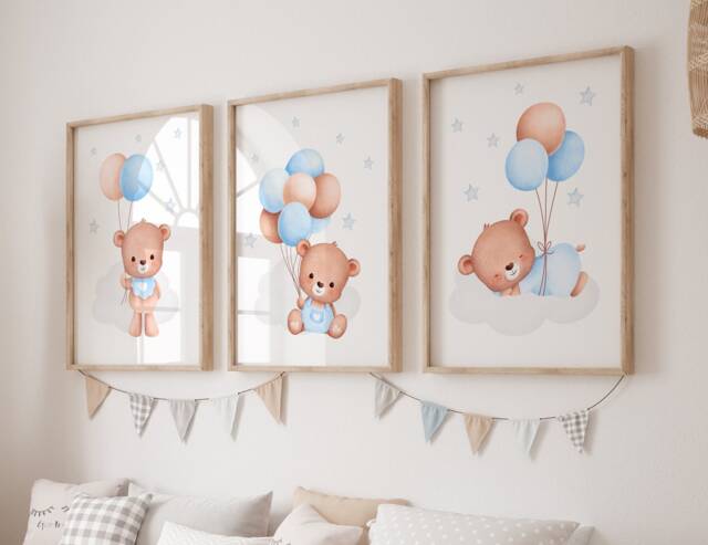 Set Of 3 Teddy Bear Print, Print Nursery, Balloon Wall Art, Pink Personalised Prints, Baby Girl Nursery - image 1
