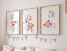 Set Of 3 Teddy Bear Print, Print Nursery, Balloon Wall Art, Pink Personalised Prints, Baby Girl Nursery - thumbnail 1