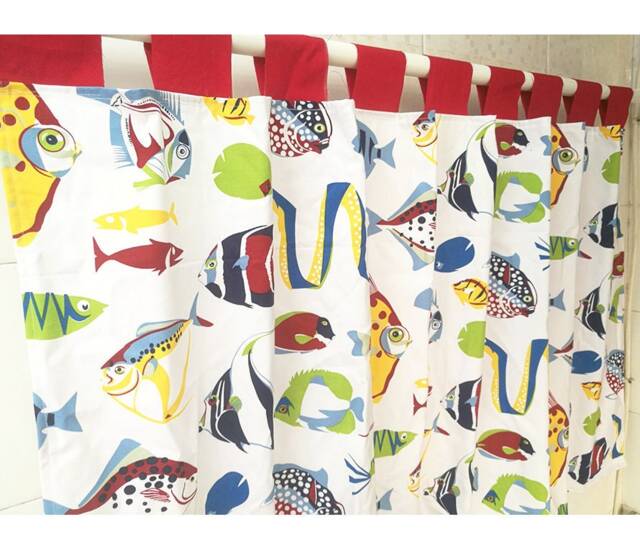 Sealife Tab Top Cafe Curtain, Kids Bathroom, Cotton Fish Valance, Shower Curtains - image 1