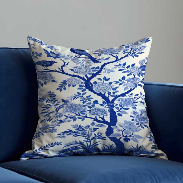 Blue Chinoiserie Cushion Cover, Oriental Floral Pillowcase, Classic Decorative Throw Case For Sofa - image 1