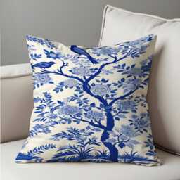 Blue Chinoiserie Cushion Cover, Oriental Floral Pillowcase, Classic Decorative Throw Case For Sofa - thumbnail 4