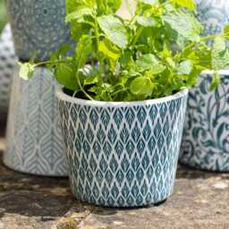 1x Teal Dutch Pot - 6 Designs Geometric Design Crackle Glaze Plant Blue Rustic Cover Succulent Planter - thumbnail 2