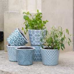 1x Teal Dutch Pot - 6 Designs Geometric Design Crackle Glaze Plant Blue Rustic Cover Succulent Planter - thumbnail 1