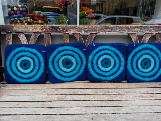 Handfelted Seat Cushion With Coloured Pattern Mix On Dark Blue - image 1