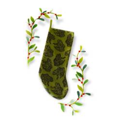 Gopher Frog Christmas Stocking. Olive Green. 100% Cotton. Hand Block Printed & Sewn - thumbnail 1