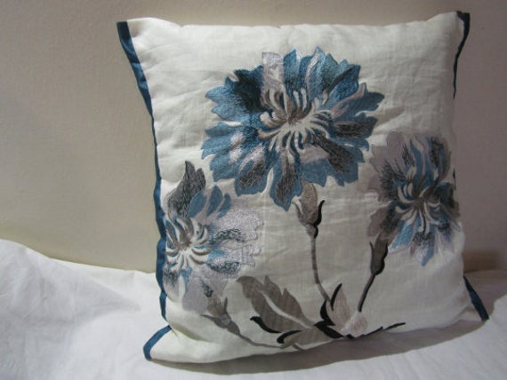 Designers Guild Pavilion Azure Floral Embroidery 100% Linen Fabric Cushion Cover - image 1