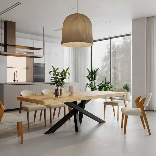 3 Inch Crossover Dining Table Rustic Solid Wood Industrial Straight Edge Steel Base - image 1