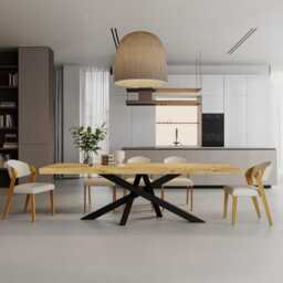 3 Inch Crossover Dining Table Rustic Solid Wood Industrial Straight Edge Steel Base - thumbnail 2