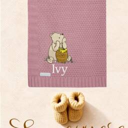 Personalised Winnie The Pooh Hunny Embroidered Cable Knit Baby Blanket 100cm 2 Colors Super Soft New - thumbnail 2