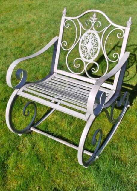 Garden Furniture - Antique Grey Metal Rocking Chair Ornate Seat Outdoor Vintage Style Patio Seating - image 1
