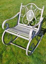 Garden Furniture - Antique Grey Metal Rocking Chair Ornate Seat Outdoor Vintage Style Patio Seating