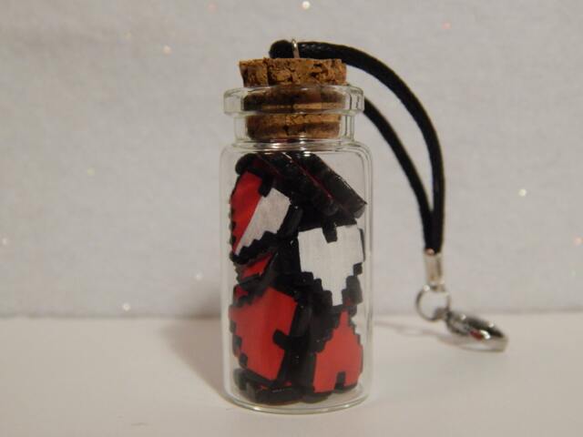 Miniature Polymer Clay Pixel Hearts in A Glass Bottle Figure Handmade Nintendo Art 8 Bit Retro Gaming Pin Charm - image 1
