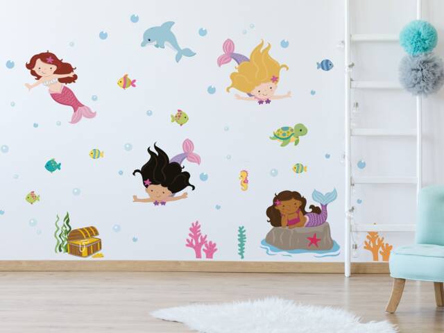 Colourful Mermaid Scene Wall Stickers, Underwater Decals, Stickers For Walls, Themed Room - image 1