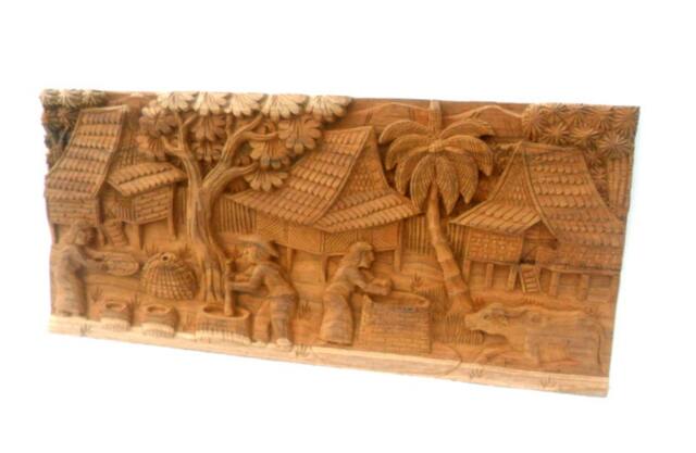 "Wood Carving Old Thai Village Life Culture Hand Carved Wood Natural Teak Home Wall Hanging Art Decor/Gift 20""x9" - image 1