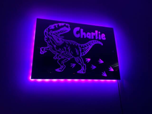 Dinosaur Light Up Mirror Personalised Engraved Acrylic Wall Led Sign. T-Rex, Bedroom, Nursery, Playroom, Name, Boys, Girls Gift, Green - image 1