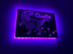 Dinosaur Light Up Mirror Personalised Engraved Acrylic Wall Led Sign. T-Rex, Bedroom, Nursery, Playroom, Name, Boys, Girls Gift, Green
