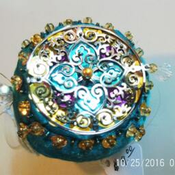 Teal Stained Glass Effect Christmas Ornament, Hand-Beaded, Shatterproof - thumbnail 2