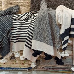 Handwoven Moroccan Cotton Pom Blanket, King Bed Cover - thumbnail 3