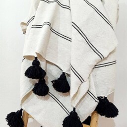 Handwoven Moroccan Cotton Pom Blanket, King Bed Cover - thumbnail 2