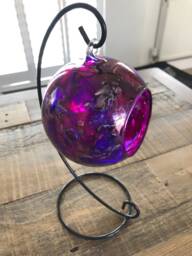 Hand Painted, Candle Holder, Hanging Glass Baubles. Purple & Silver Candle Holder On A Stand. Glass Holder. Christmas Gift - thumbnail 1