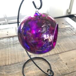Hand Painted, Candle Holder, Hanging Glass Baubles. Purple & Silver Candle Holder On A Stand. Glass Holder. Christmas Gift - thumbnail 2