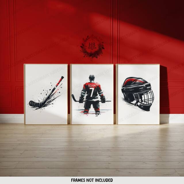 Custom Hockey Print Set - 3 Red Posters - Boys Bedroom Decor Personalised Poster Kids Room Artwork Sport Wall Art Gift - image 1