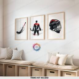 Custom Hockey Print Set - 3 Red Posters - Boys Bedroom Decor Personalised Poster Kids Room Artwork Sport Wall Art Gift - thumbnail 2
