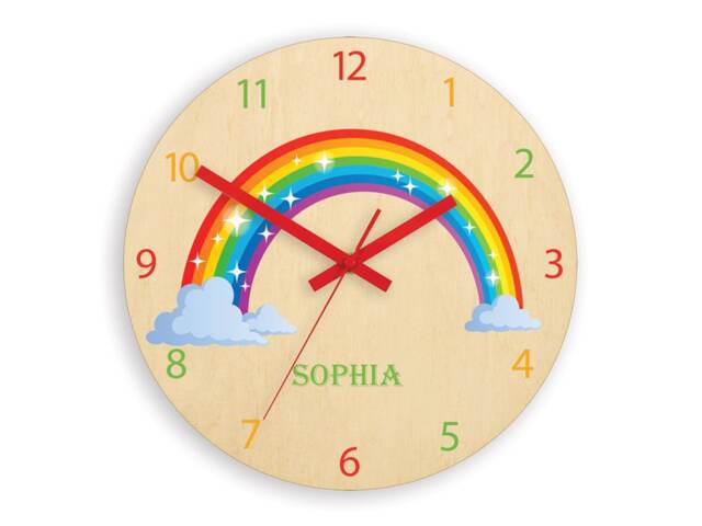 Children Wall Clock - Rainbow With Personalizen Name, Wood Clock, Large Kids Clock Room Wall Art Decal - image 1