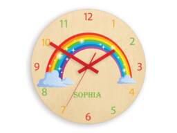 Children Wall Clock - Rainbow With Personalizen Name, Wood Clock, Large Kids Clock Room Wall Art Decal - thumbnail 1