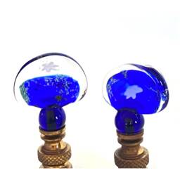2 Finials-Venetian Glass Lamp Finial - Cobalt Blue, Planet Designs Antique Brass Hardware- Lampwork - thumbnail 1