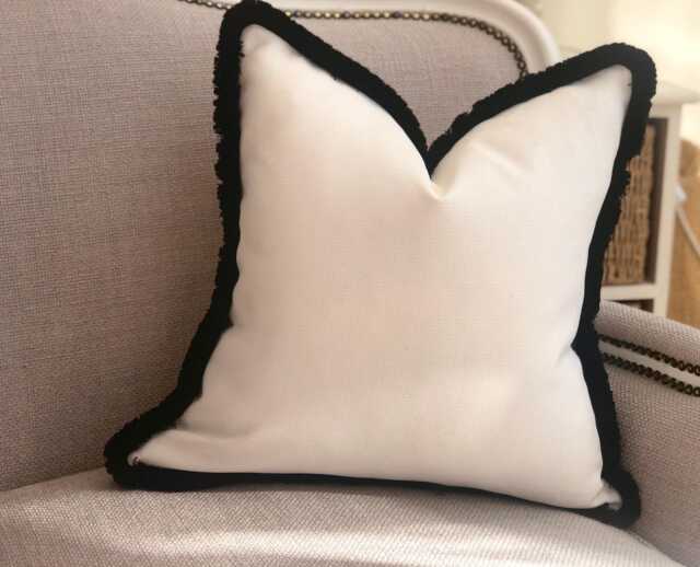 Light Cream Linen Look Cushion Cover With Customisable Black Fringe All Sizes - image 1