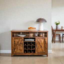 Farmhouse Buffet Cabinet With 9-Bottle Wine Rack Rustic Wooden Sideboard 2 Door Storage - thumbnail 3