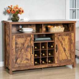 Farmhouse Buffet Cabinet With 9-Bottle Wine Rack Rustic Wooden Sideboard 2 Door Storage - thumbnail 1