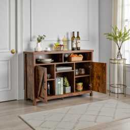 Farmhouse Buffet Cabinet With 9-Bottle Wine Rack Rustic Wooden Sideboard 2 Door Storage - thumbnail 2