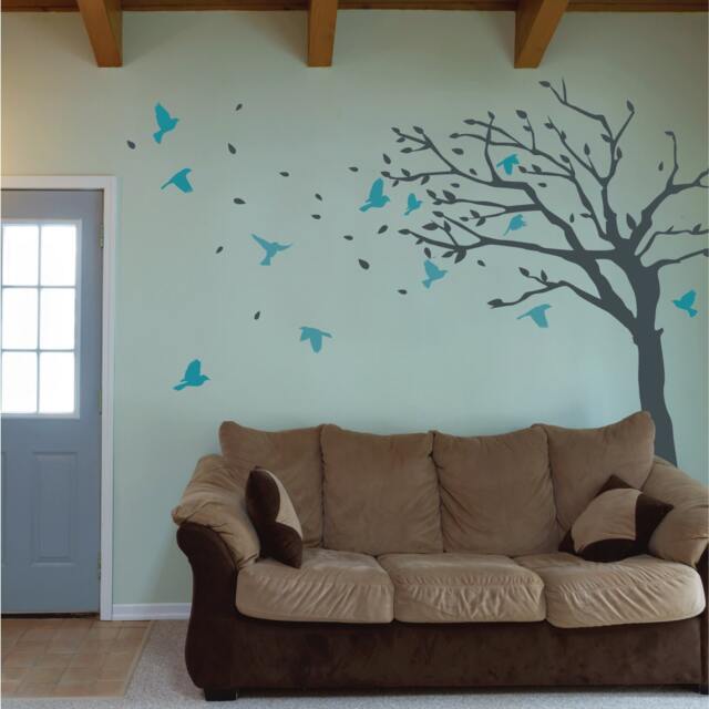 Blowing Tree Wall Decal - Living Room Vinyl Blossom Sticker With Birds - image 1
