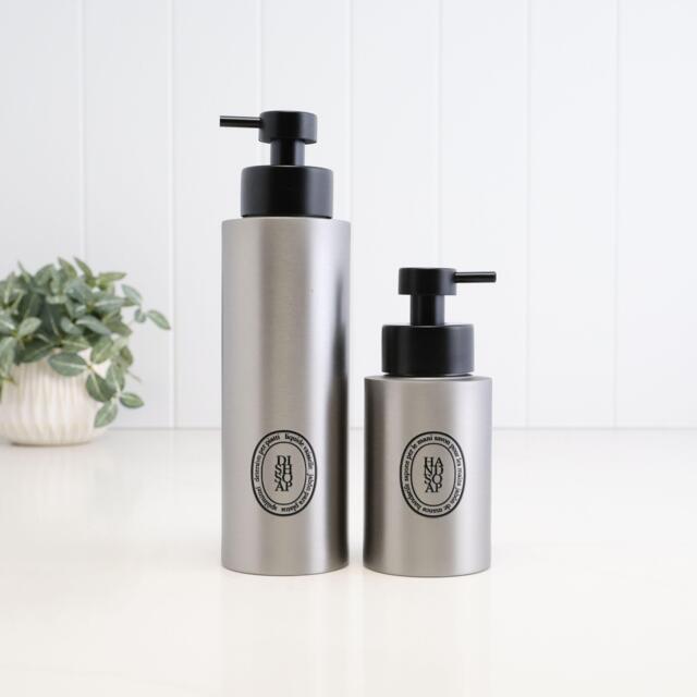 Brushed Stainless Steel Soap Dispenser With Black Oval Label Options - Refillable 250Ml Or 500Ml Pump Bottle Modern Eco Bath Decor - image 1