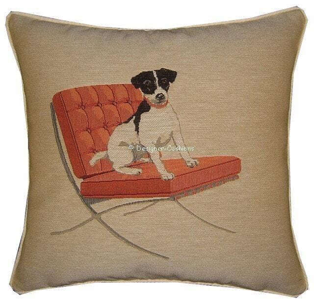 Jack Russell in A Red Retro Chair Cream Tapestry Cushion Cover Sham - image 1