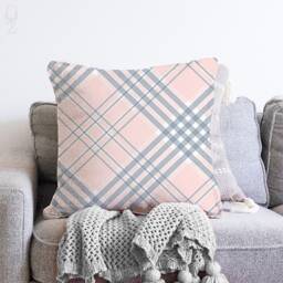 Pink & Grey Plaid Chenille Pillow Cover Tartan Cushion - thumbnail 2