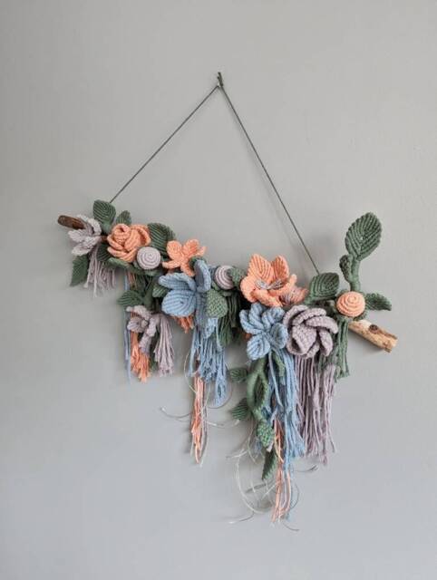Macrame Sculptural Floral Bohemian Wall Hanging Tapestry, 3D Boho Wedding Decor, Coral, Blue, Green, Silver Flowers & Leaves Art - image 1