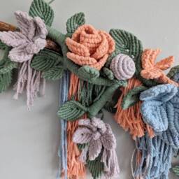 Macrame Sculptural Floral Bohemian Wall Hanging Tapestry, 3D Boho Wedding Decor, Coral, Blue, Green, Silver Flowers & Leaves Art - thumbnail 3